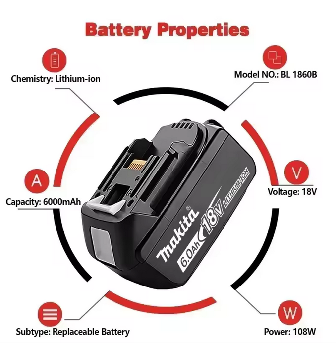 Makita BL1860 18V 6.0Ah Li-Ion LXT Battery - Genuine Replacement Battery